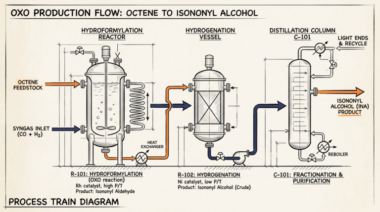 Oxo process flow producing isononyl alcohol through hydroformylation, hydrogenation, and refining