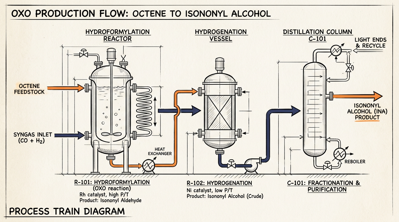Diagrama de flujo del proceso Oxo para la producción de alcohol isononílico mediante hidroformilación, hidrogenación y refinación.