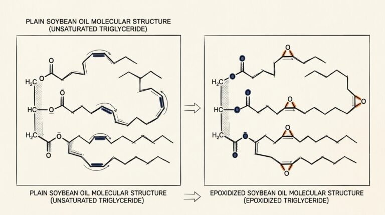 Soybean oil double bonds converted into oxirane rings in epoxidized soybean oil ESBO plasticizer