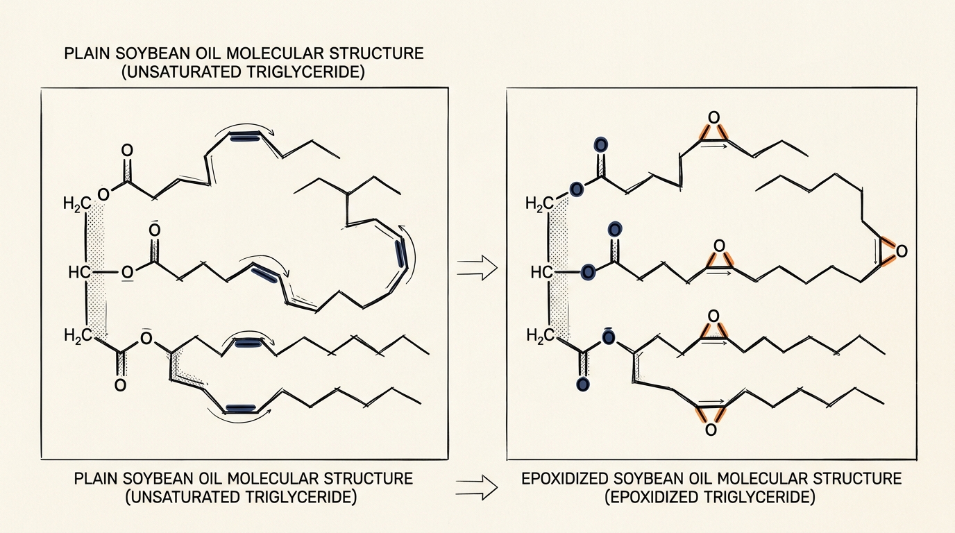 Soybean oil double bonds converted into oxirane rings in epoxidized soybean oil ESBO plasticizer