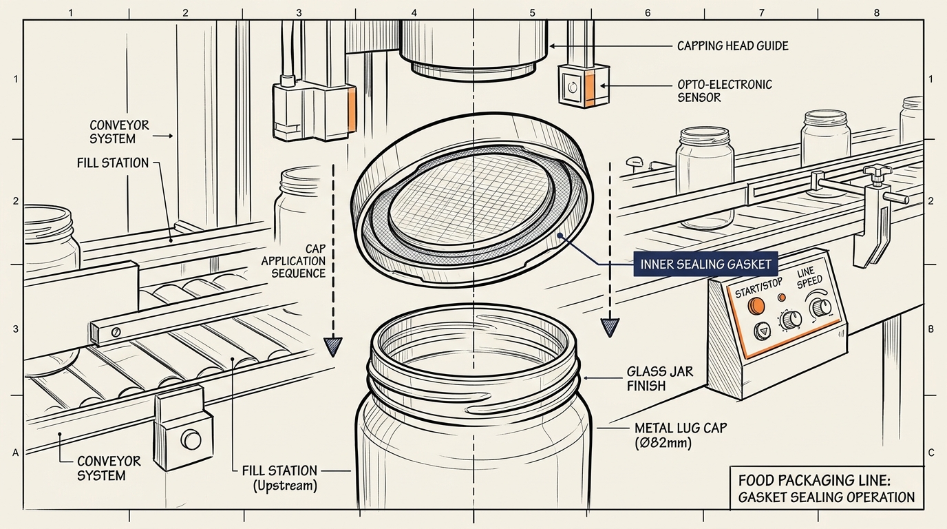 Metal lug cap gasket of epoxidized soybean oil plasticized PVC sealing a glass food jar