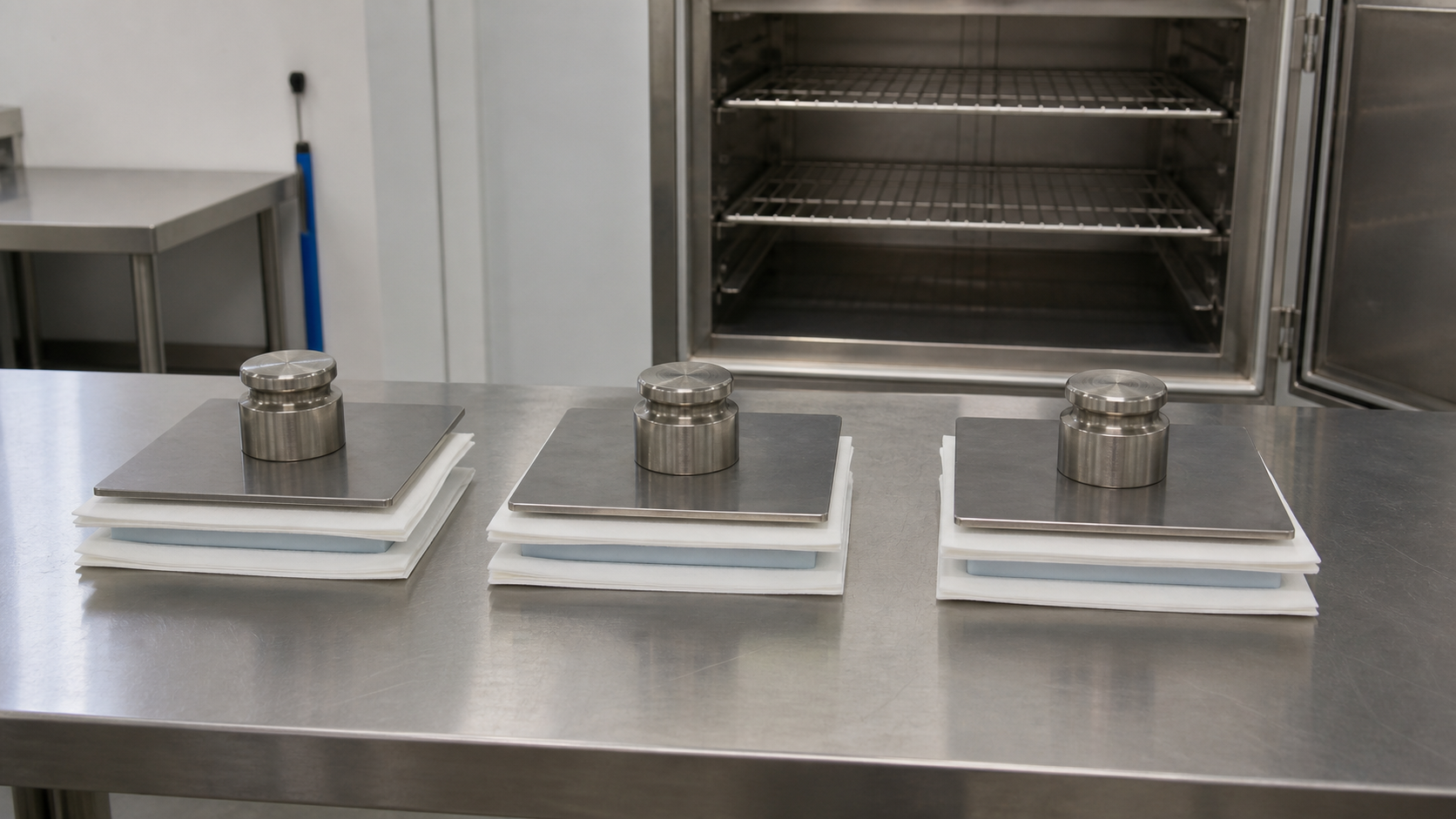 Plasticizer migration test set-up: PVC sheet specimens sandwiched between absorbent pads under steel weights on a laboratory bench, with an open oven behind