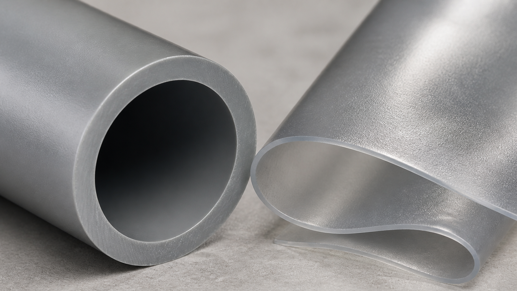 A length of rigid grey PVC pipe beside a sheet of flexible PVC folded over on itself — the difference a plasticiser makes