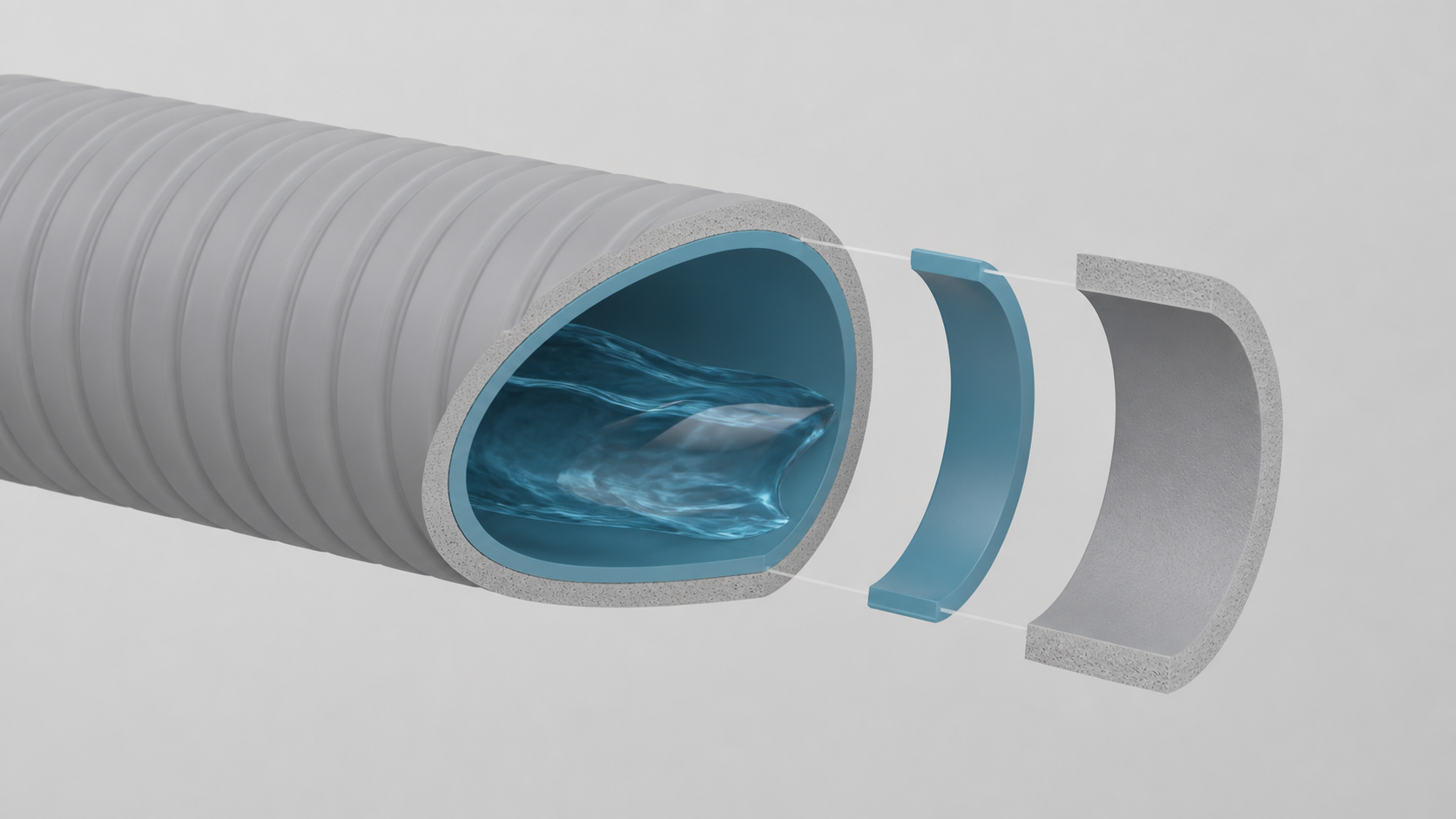 Cross-section of a coextruded flexible PVC tube showing the outer PVC compound layer and a thin polyethylene inner barrier layer facing the tube bore