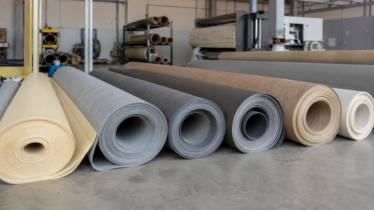 Rolls of flexible PVC sheet and vinyl flooring stacked in a warehouse, cut ends facing the camera