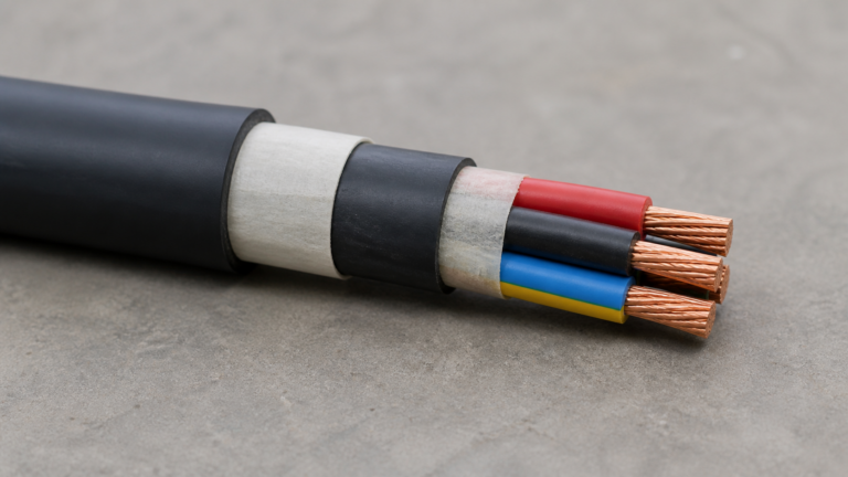 What is Trioctyl Trimellitate (TOTM) 6 Cut length of multi-core power cable with the jacket peeled back in steps, showing coloured inner insulation and stranded copper