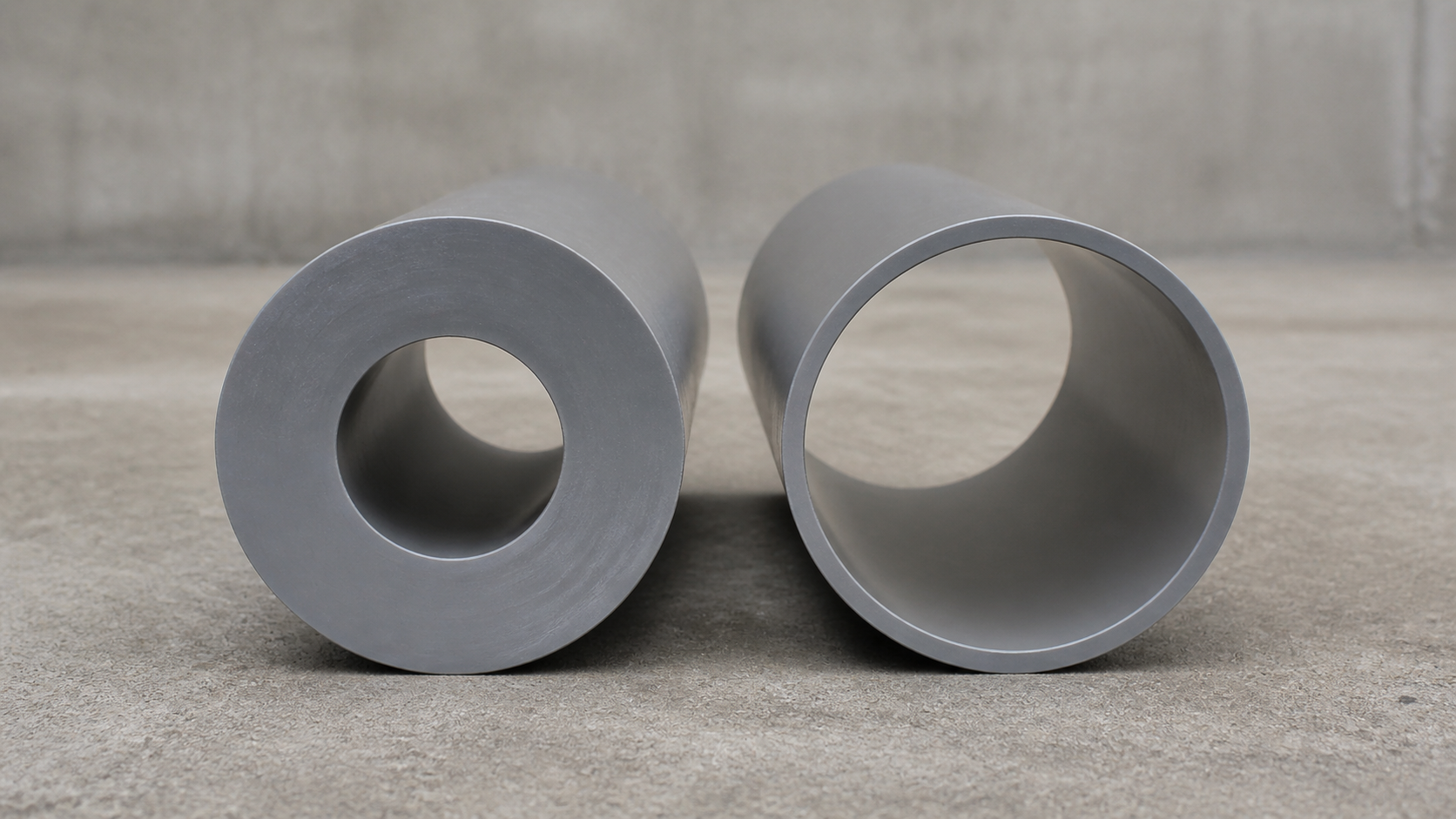 Two grey UPVC pipe sections end-on, one with a thick wall and small bore beside one with a thin wall and large bore